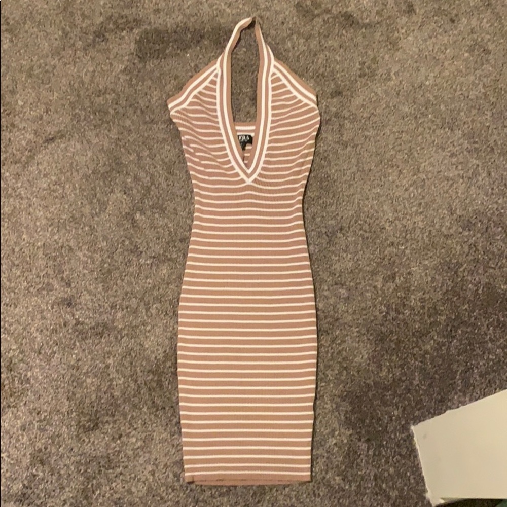 V neck tight tan/white tight stripped dress